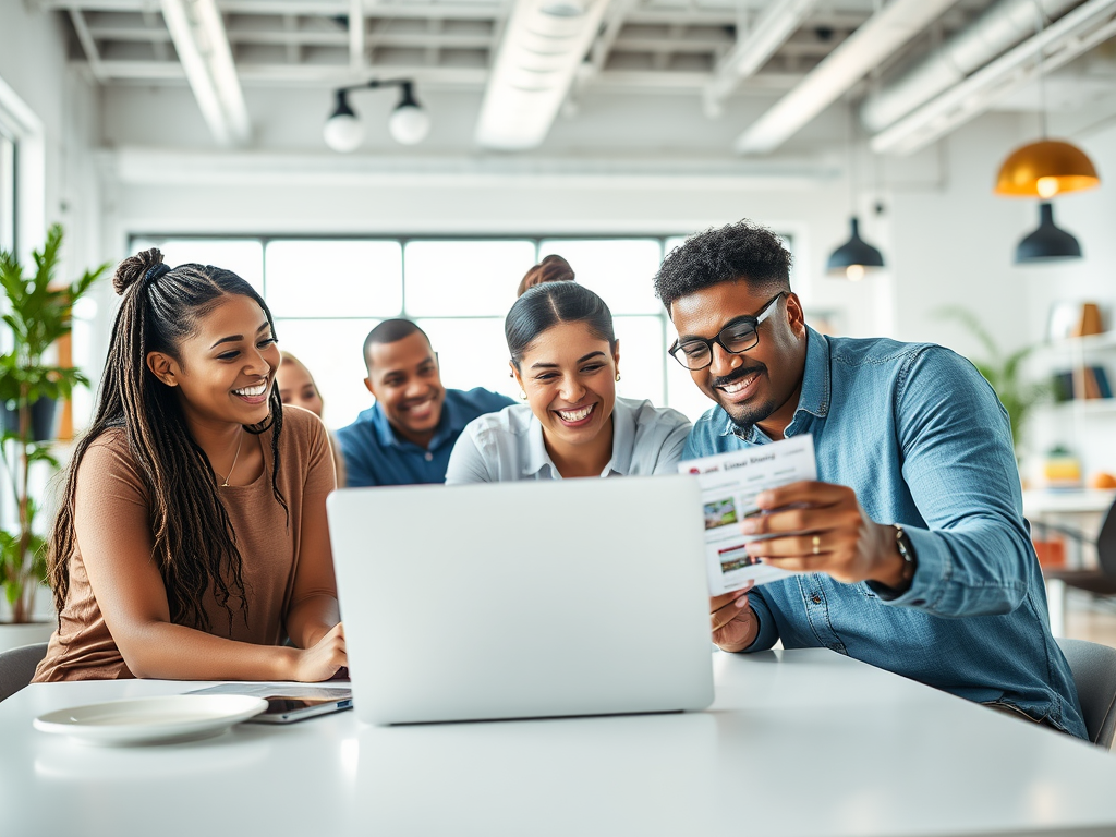 A group of five friends smiles and laughs while looking at a laptop in a bright, modern workspace.