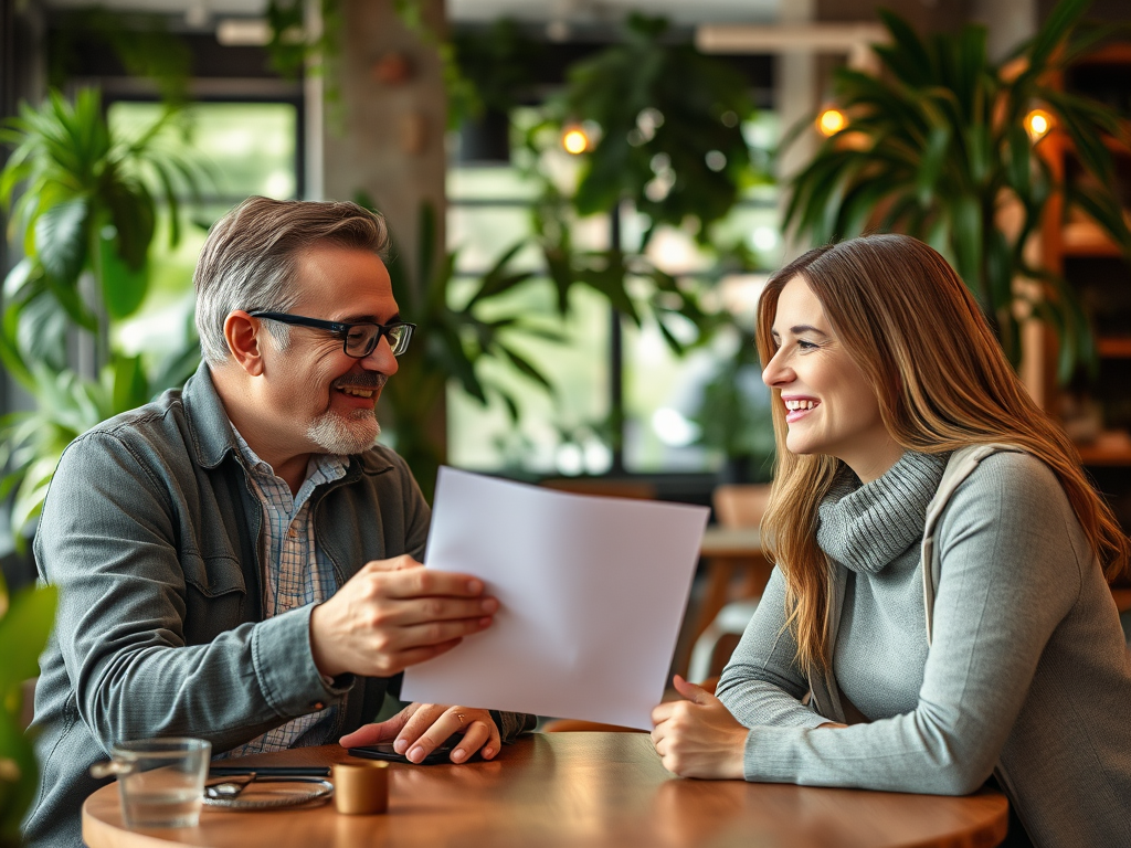 A smiling man and woman sit at a table in a cafe, engaging in conversation and looking at a piece of paper.