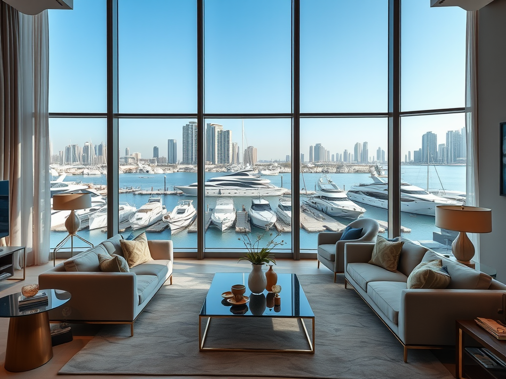 A modern living room with large windows showcasing yachts and a skyline along the waterfront.