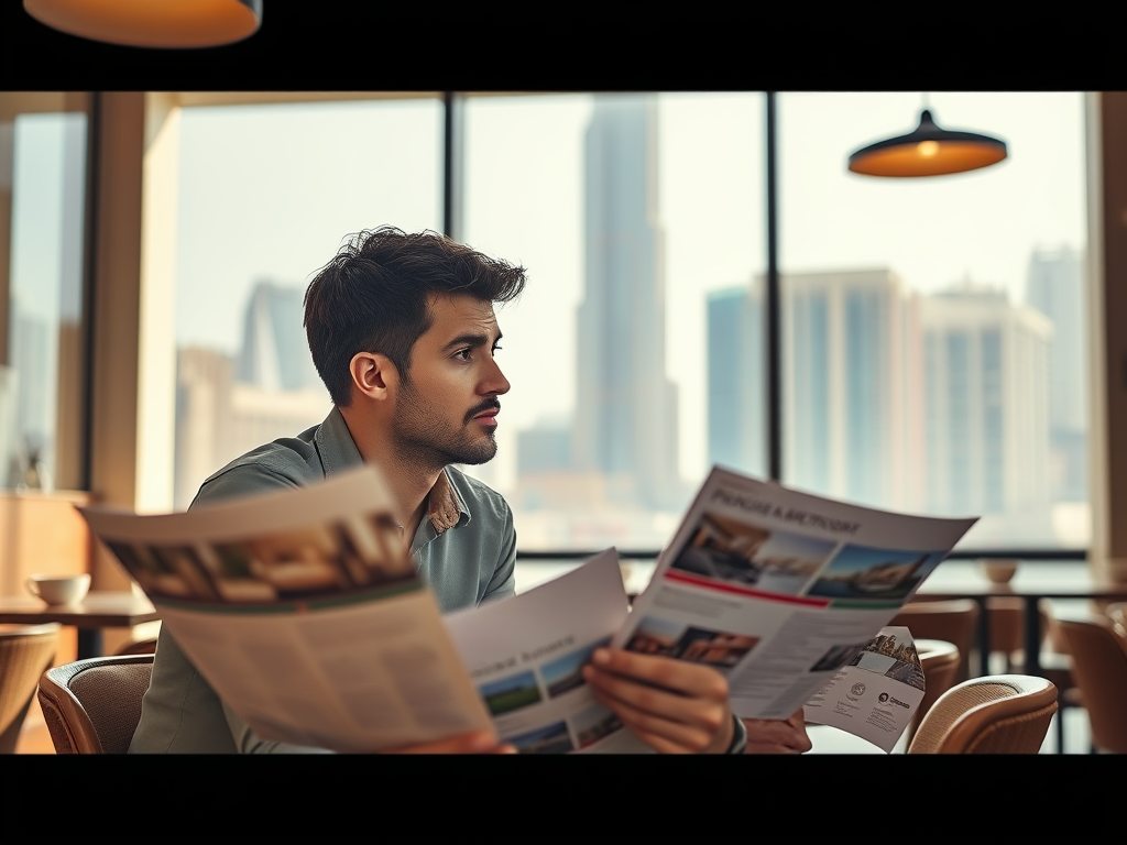 A man sits in a café, reviewing brochures, with a city skyline visible through large windows behind him.