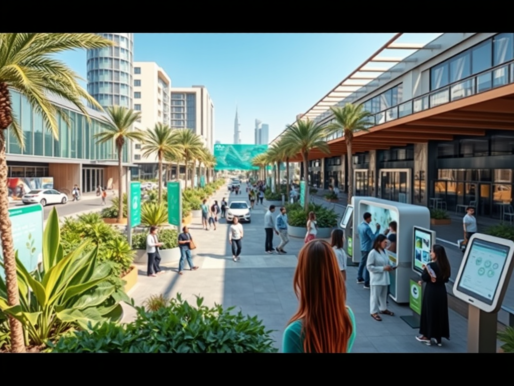 A sunny urban walkway with palm trees, people, and digital kiosks in a modern commercial area.