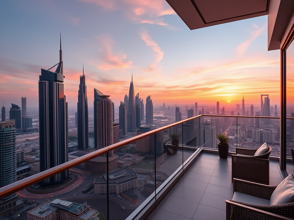 A stunning sunset view over Dubai's skyline from a modern balcony with two chairs and potted plants.