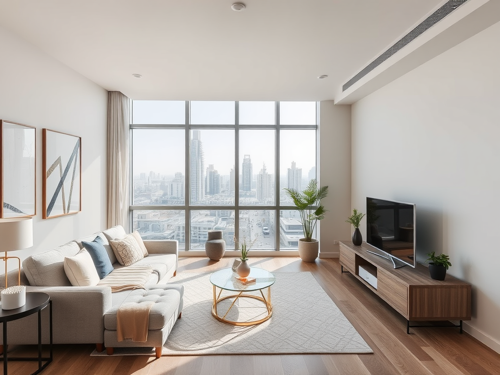 A bright, modern living room with large windows and city views, featuring a beige sofa and coffee table.