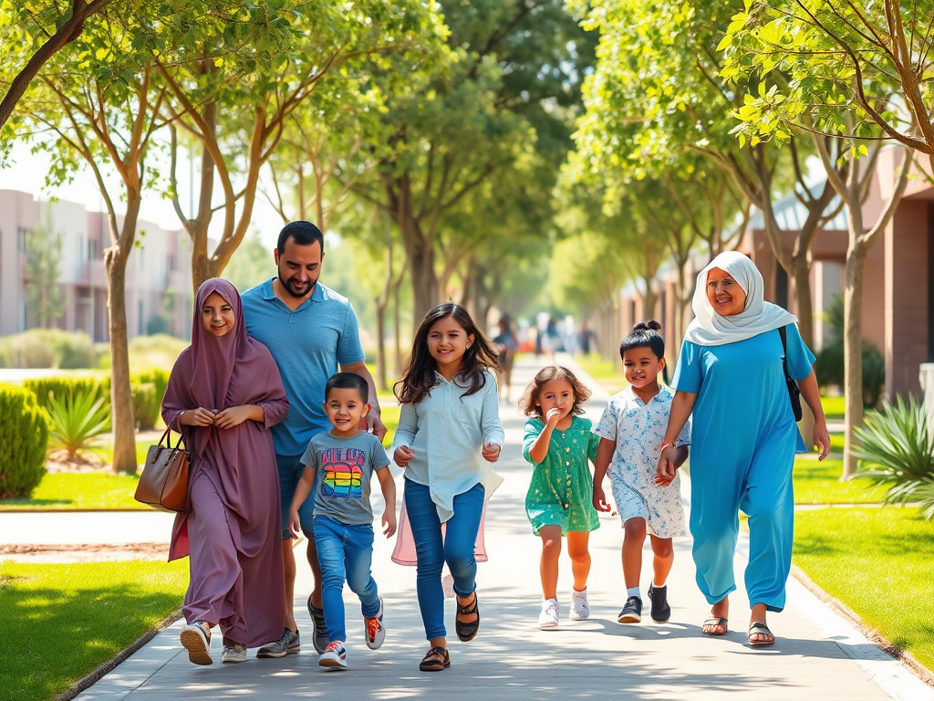 A joyful family of six walks together on a sunny day, surrounded by greenery and modern buildings.